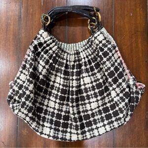 Vintage Tweed Hobo Bag Brown White Plaid Tortoiseshell Handle Slouchy Boho